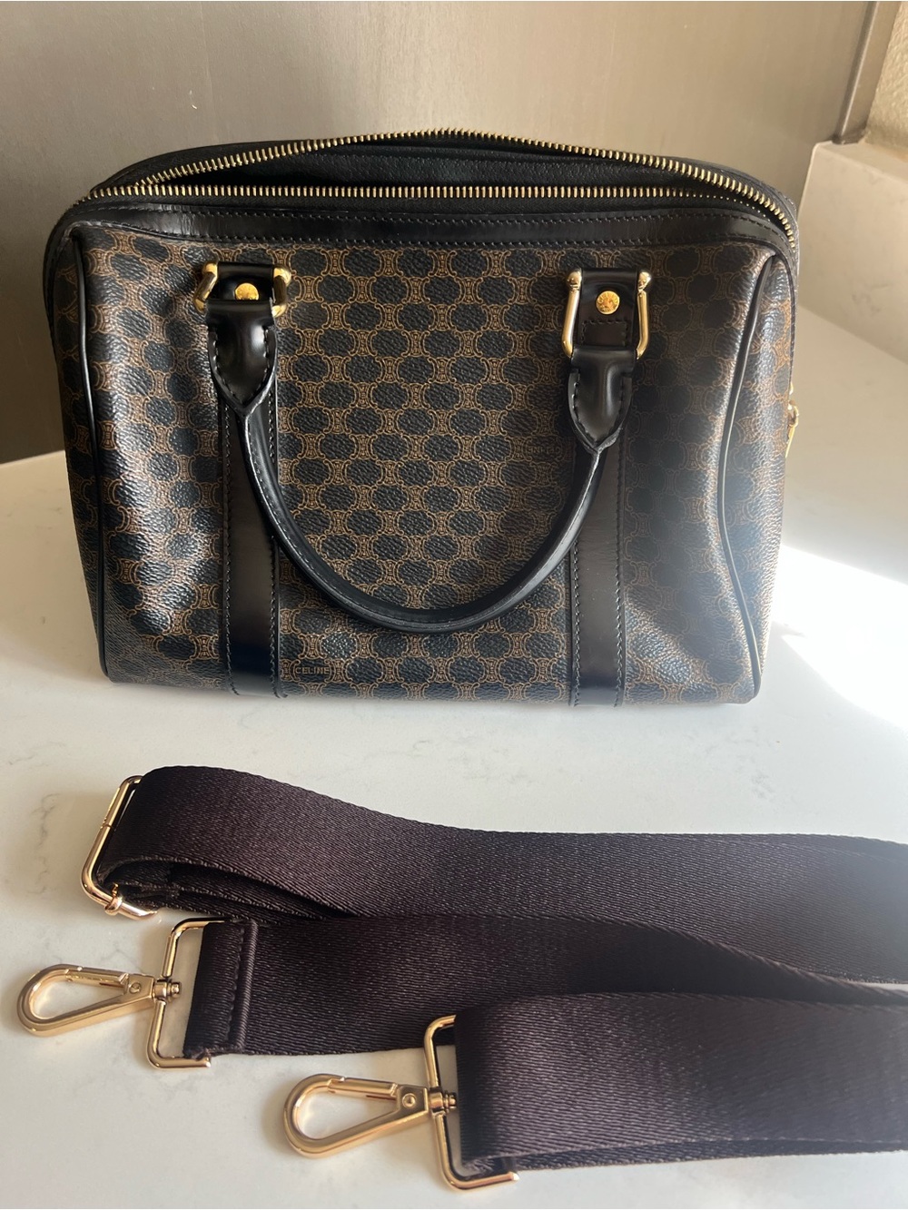 Celine Brown and Black Macadam Pattern Top-Handle Bag with Gold Hardware